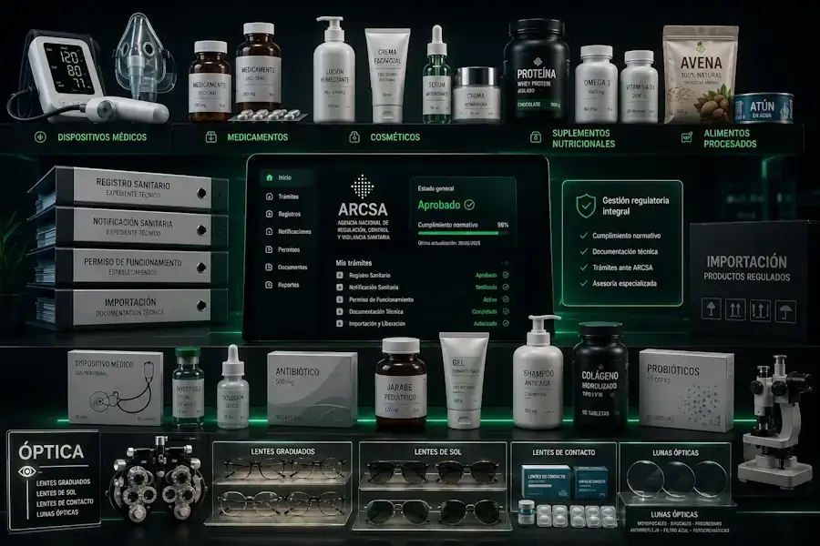 Dispositivos médicos, medicamentos, cosméticos, suplementos y productos ópticos regulados por ARCSA